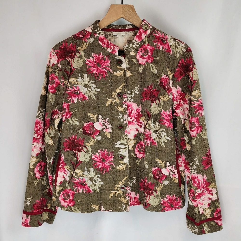 J. Jill Women's Olive Textured Floral Button Front Jacket Size M Petite